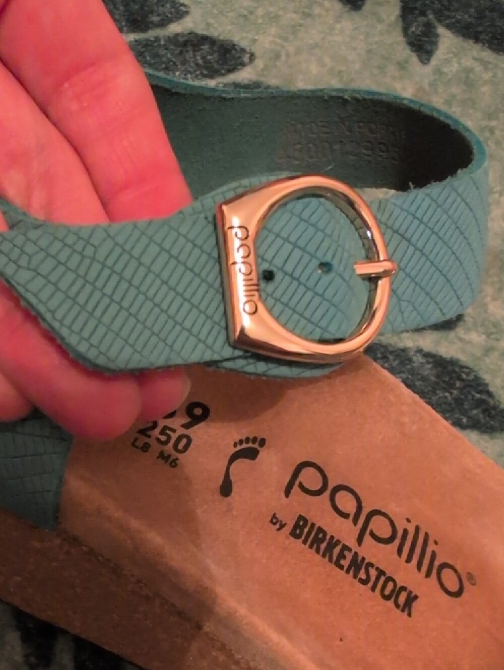 Birkenstock Papillio Teal Textured Two-Strap Wedge Sandals with Gold Buckles - Picture 4 of 9